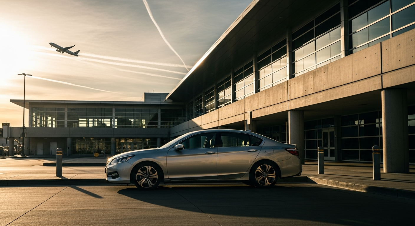 Compact car at an open American airport curb at sunrise